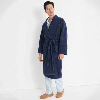 Men's Calf Length Navy Blue Cotton Terry Bathrobe