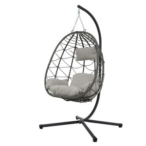 Gulches Dark Grey Foldable Egg Chair with Stand - UV-Resistant PE Wicker, Thick Cushion & Headrest, Indoor/Outdoor Swing for Bedroom/Balcony/Patio - 1 of 4