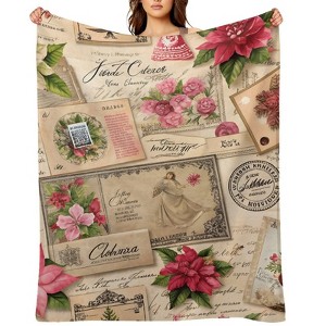 FIONECA Vintage Christmas Letter Print Blanket with Poinsettia and Floral Pattern Soft Warm Holiday Decor Throw 60x80 inches - 1 of 1