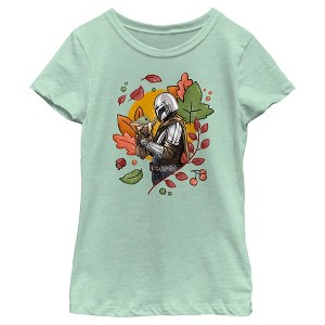 Girl's Star Wars: The Mandalorian Grogu and Din Djarin Fall Leaves Love T-Shirt - 1 of 4