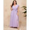 Plus Size Women's Flowy Ankle-Length Dress - wrap V-Neck, Flutter Sleeves and Side Slit with Waist Tie - 3 of 4