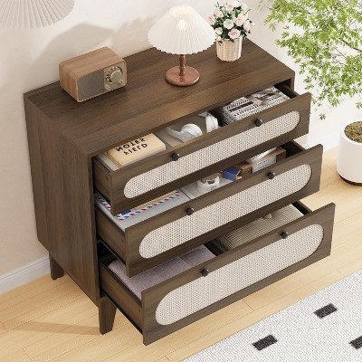 Rattan Drawer Dresser, 3 Wood Drawers Storage Cabinet Dresser for Bedroom, Living Room, Hallway, Bedside, Dining Room, Corridor, Bathroom