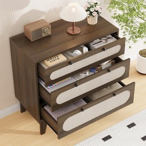 Rattan Drawer Dresser, 3 Wood Drawers Storage Cabinet Dresser for Bedroom, Living Room, Hallway, Bedside, Dining Room, Corridor, Bathroom - 1 of 4