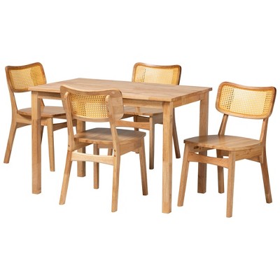 Mid-Century Modern Oak Brown Wood and Rattan 5-Piece Dining Set