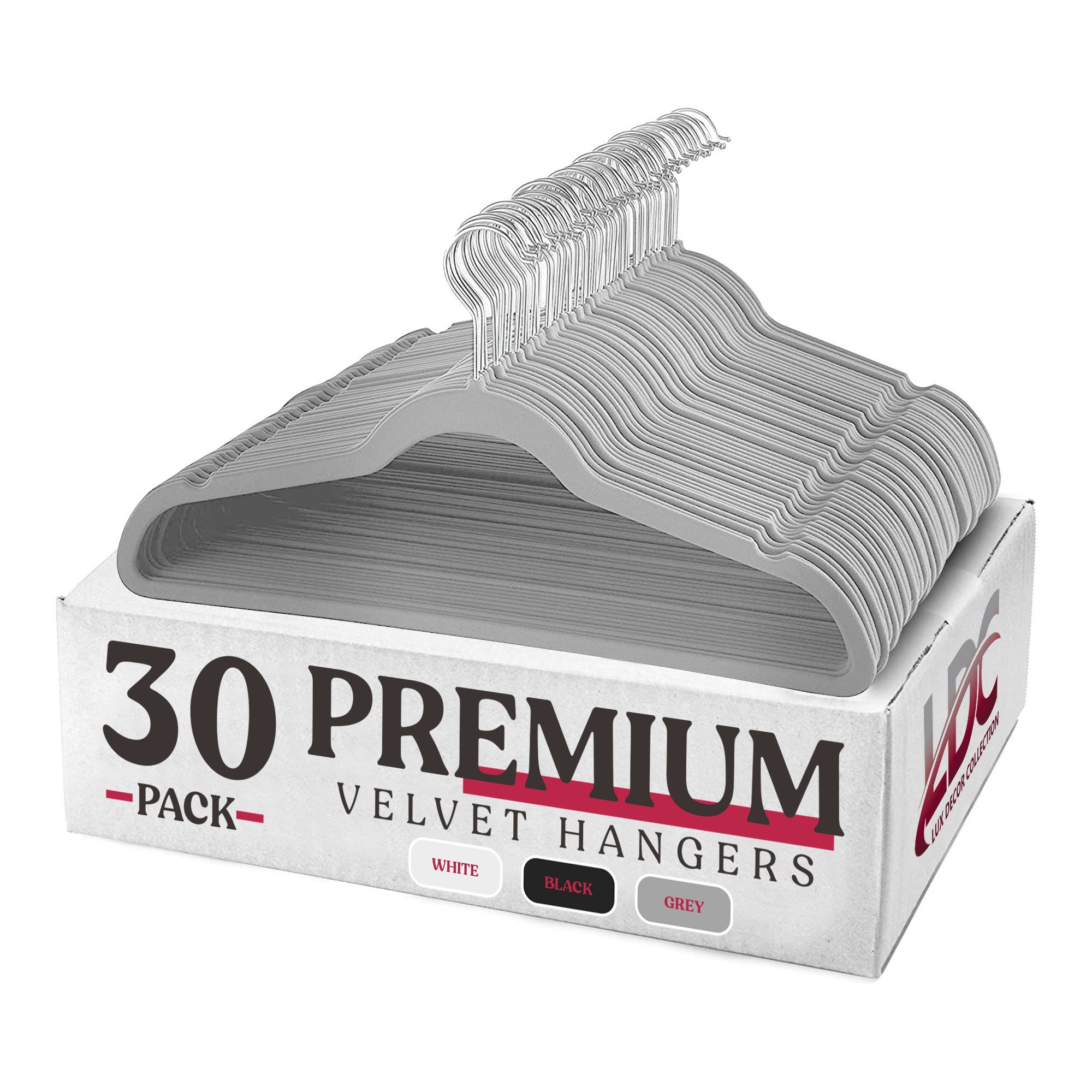 30-Pack Velvet Hangers Space Saving Clothes Hangers with Rotatable Metal Hook & Notches - Grey