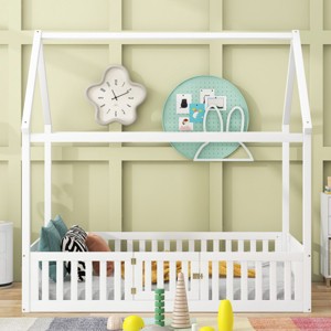 House Bed Frame, Solid Pine Wood with Fence and Door, No Box Spring Needed, Roof Play Design for Kids Bedroom - Baofuwish - 1 of 4