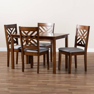 Walnut Brown Wood Dining Set with Gray Upholstered Chairs