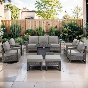 Gymojoy 6/8PCS 50000 BTU Gas Firepit Table with Outdoor 3-Seat Sofa Swivel Chair Ottoman Set - 1 of 4