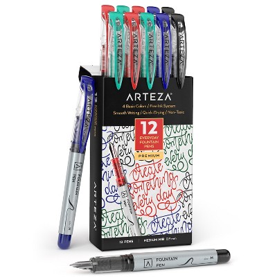 Arteza Disposable Fountain Pens, Assorted colors (4 Black + 4 Blue + 2 Red + 2 Green) - 12 Pack (ARTZ-4385)