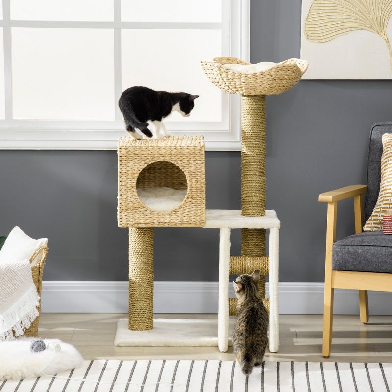 PawHut Cattail Weave Cat Tree for Indoor Cats Kitty Tower with Rattan Cat Condo, Wicker Bed, Ladder, Washable Cushions, 22.5" x 14.5" x 39.5", Natural, 4 of 8