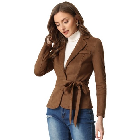 Allegra K Women's Stand Collar Zip Up Faux Suede Cropped Jacket