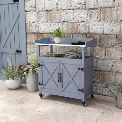 Gray Wooden Potting Bench with Aluminum Top and Storage