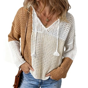 Women's V-Neck Long Sleeve Knit Top - Color Block Loose Fit Casual Pullover for Stylish Everyday Wear - 1 of 4