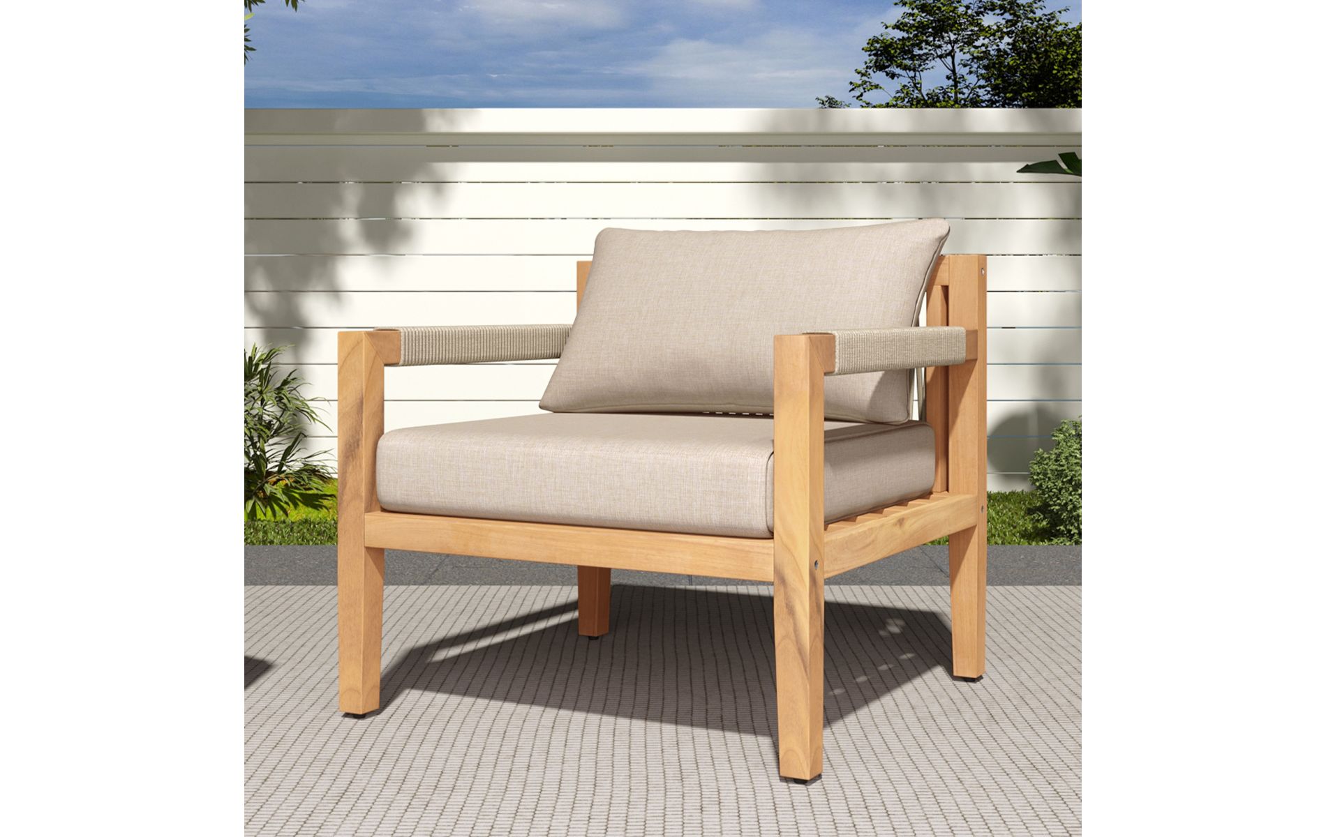 Outdoor Rope Lounge Chair with Beige Cushions, Weather-Resistant Acacia Wood Patio Armchair for Backyard-3irtyhousy