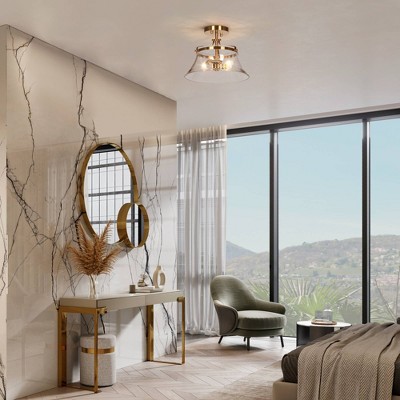 Auisre 2-Light Polished Gold Drum LED Semi-Flush Mount with Seeded Glass