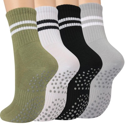 Boersma 4 Pairs Women’s Pilates & Daily Cotton Socks – Thin Above-Ankle Crew Bootie Socks, Soft & Breathable, (Black/White/Grey/Green)