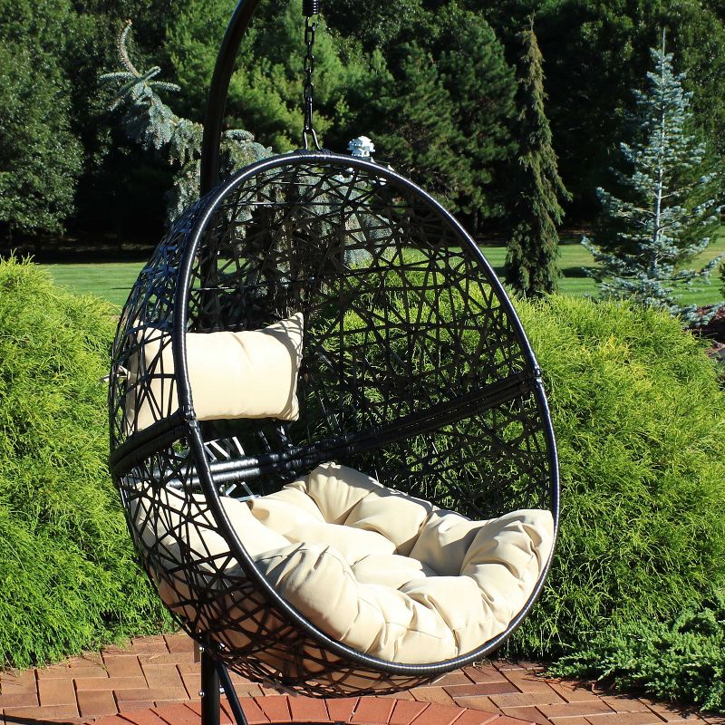 Sunnydaze Outdoor Resin Wicker Patio Jackson Hanging Basket Egg Chair Swing with Cushions and Headrest - 2pc, 2 of 12