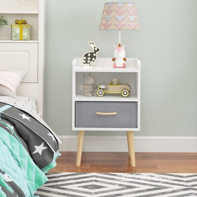 Modern Nightstand with Fabric Drawer and Open Shelf, Bedside Table with Tapered Legs for Bedroom or Living Room-The Pop Home