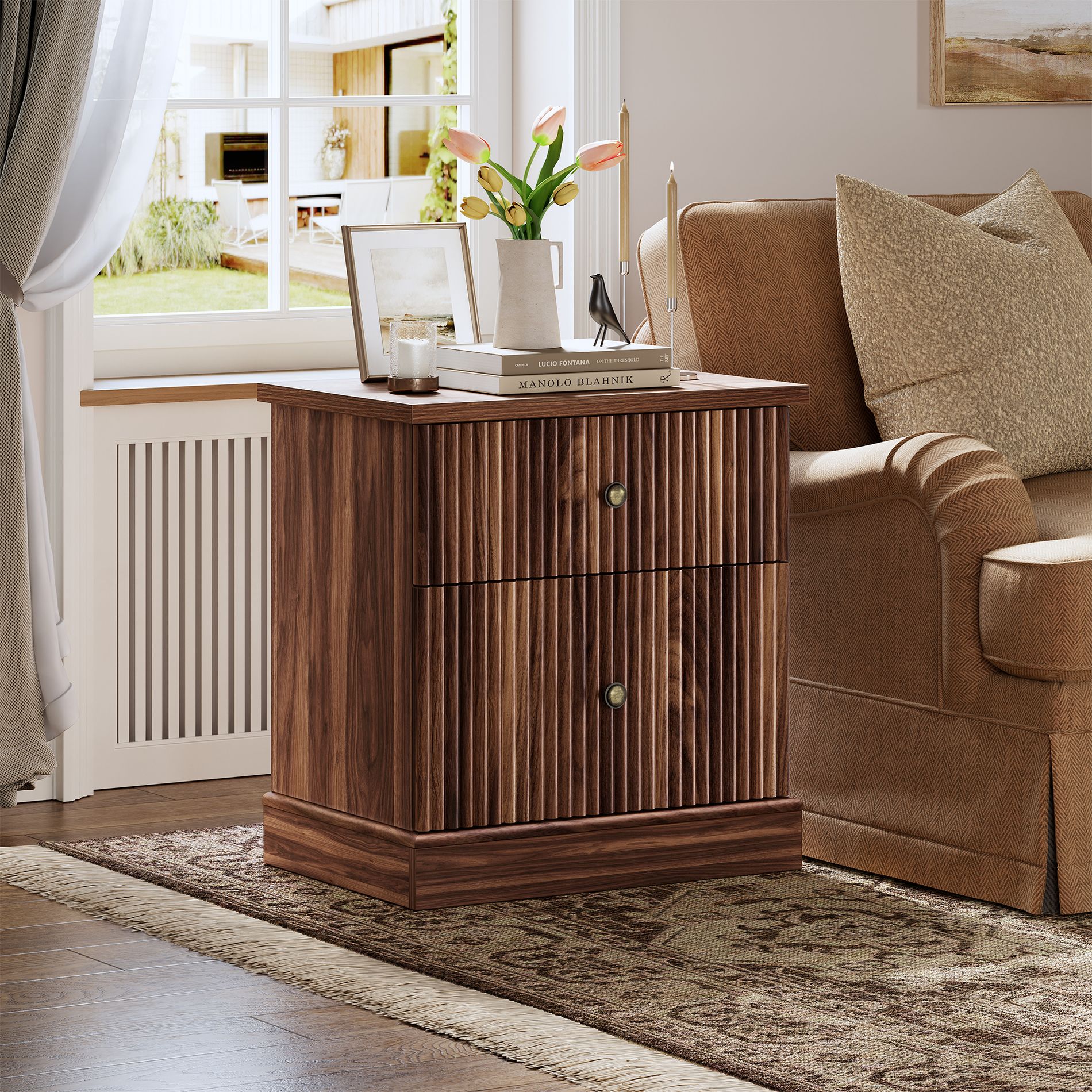 Fluted Nightstand with Drawers, Light Wood Nightstand with Storage, Space Saving Side Table with Curved Edge Base