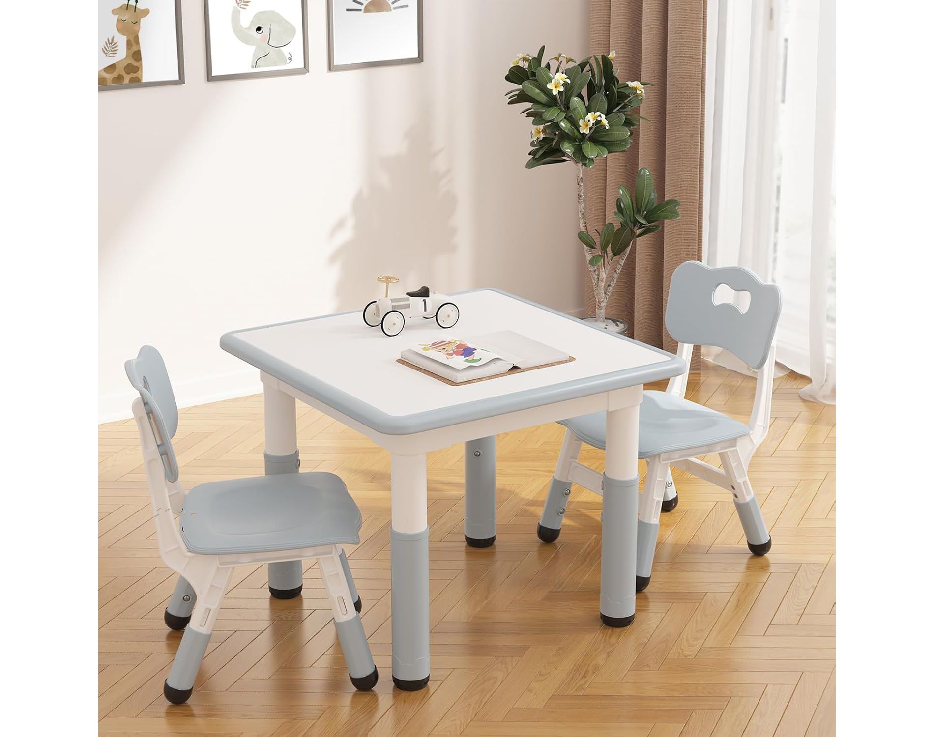 Kids Table and 2 Chairs Set, Height Adjustable Toddler Table and Chair Set, Children Multi-Activity Table for 2, Kids Study Table for Ages 2-8, Grey