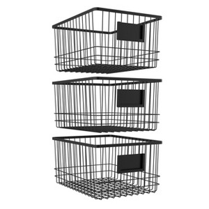 Oceanstar Metal Wire Organizer Bin Basket with Card Holder, Set of 3, Black - 1 of 4