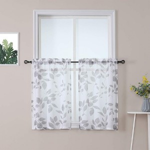 Leaf Printed Pattern Linen Textured Sheer Kitchen Curtains - 1 of 4