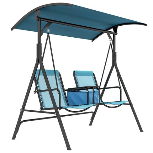 Outsunny 2 Person Porch Swing With Canopy Covered Patio Swing With Pivot Storage Table Cup Holder Adjustable Overhead Canopy Blue Target