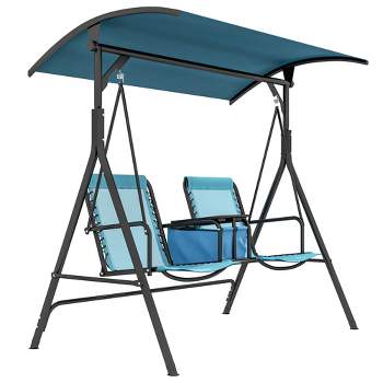 Outsunny 2 Person Porch Swing with Canopy, Covered Patio Swing with Pivot Storage Table, Cup Holder, & Adjustable Overhead Canopy, Blue