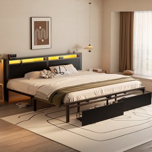 Aheaplus Platform Bed with Hidden Drawers, Storage Headboard, LED Light, and Charge Station - 1 of 4