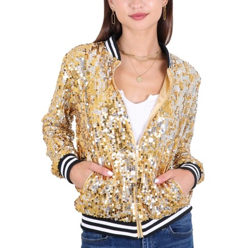 Anna kaci Women s Sequin Jacket Sparkle Long Sleeve Front Zip Casual Blazer Bomber Jacket With Pockets Large gold Target