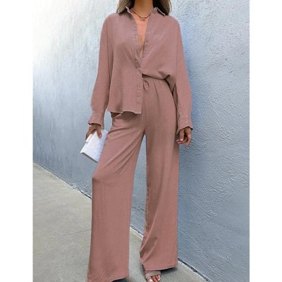 Women's Casual Lounge Sets 2 Piece Outfits Long Sleeve Wide Leg Pants Button Down Shirt Sets