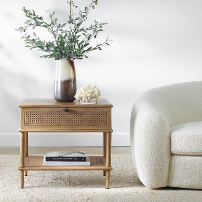 Mindi Wood and Rattan Cane Brown Side Table with Storage