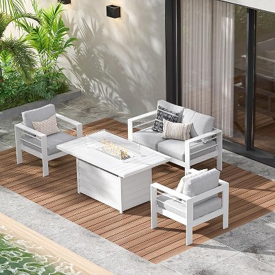 Aluminum Outdoor Patio Furniture Set, Modern Patio Conversation Sets with 5 Inch Cushion and Coffee Table for Balcony, Garden