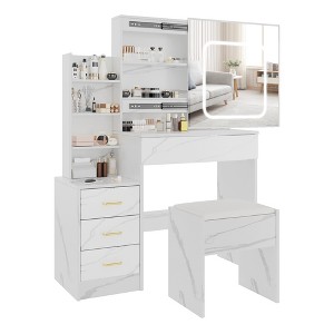Makeup Vanity Desk with Mirror, Vanity Table and Chair Set, 3 Color Modes Adjustable, Multi-Layer Shelves and Drawer Storage, for Bedroom - 1 of 4
