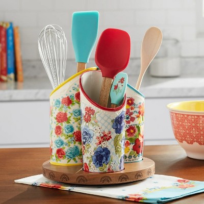 LunaLulinlk Woman Floral Medley 3-Compartment Ceramic Utensil Holder