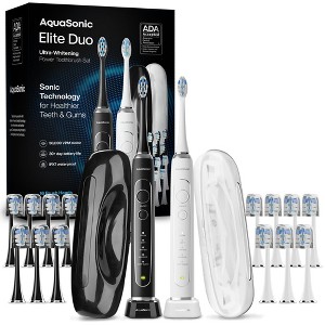 AquaSonic Elite Duo Rechargeable Electric Toothbrush Set – ADA Accepted, 5 Modes, 2 Travel Cases, 16 Brush Heads (Black/White) - 1 of 4