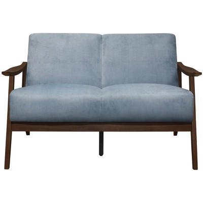 Carlson Blue Gray Velvet Loveseat with Dark Walnut Wood Frame