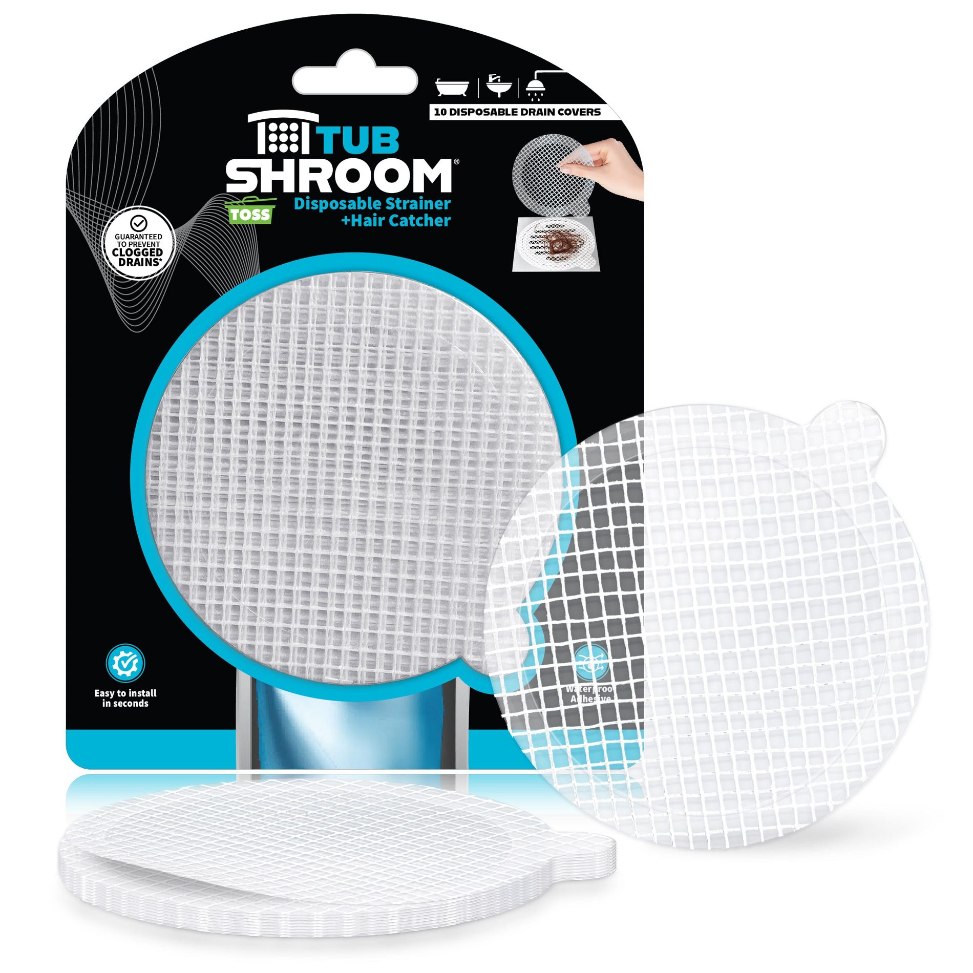 TubShroom 10 Pack Disposable Drain Cover - Hair Catcher Mesh Sticker Strainers for Shower Bathtub and Bathroom - 2 Month Supply
