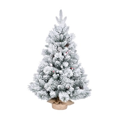 JUJABU 3FT Snow-Flocked Christmas Tree with Pine Needles, Red Berries & Cones, Tabletop Holiday Decor for Entryway or Office Display
