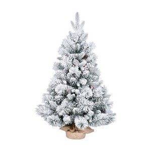 JUJABU 3FT Snow-Flocked Christmas Tree with Pine Needles, Red Berries & Cones, Tabletop Holiday Decor for Entryway or Office Display - 1 of 4