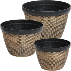 Sunnydaze Modern Decorative Resin Faux Basketweave Planter - 13", 15", and 17" Diameter - 3-Piece Set - 1 of 4