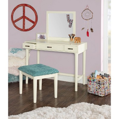 Cream Wood Vanity Set with Green Upholstered Stool and Mirror