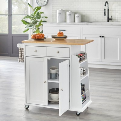 White Wood Kitchen Cart with Spice Rack and Storage