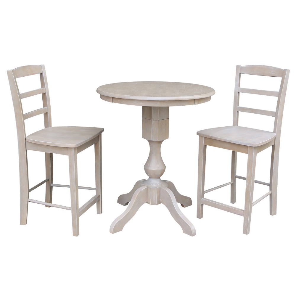3pc Solid Wood 30x30 Round Pedestal Counter Height Table and 2 Madrid Stools Washed Gray Taupe - International Concepts was $899.99 now $674.99 (25.0% off)