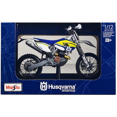 Husqvarna FE 501 White and Blue with Yellow Stripes 1/12 Diecast Motorcycle  Model by Maisto