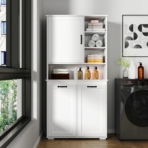 TIRAMISUBEST Laundry Storage Cabinet with Tilt-Out Hamper & Adjustable Shelves - Space-Saving Organizer for Bathroom, Utility Room (White) - 1 of 4