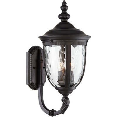 John Timberland European Outdoor Wall Light Fixture Textured Black Upbridge Arm 21" Clear Hammered Glass for Exterior Porch Patio