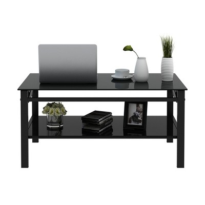 VYNXARIA Glass Lift Top Coffee Table, Modern Simple 2-Layer Tempered Glass Coffee Table for Living Room, Black