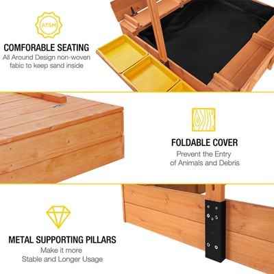 Large Wooden Sandbox with Adjustable Canopy and Toy Bin Storage