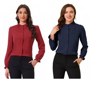 INSPIRE CHIC Women's Button Down Ruffle Collar Long Sleeve Chiffon Shirt 2 Packs - 1 of 4